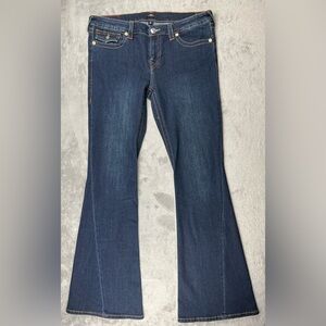 True Religion Jeans Womens 32 Joey Flare Low Rise Twisted Seam Flap Pocket Dark